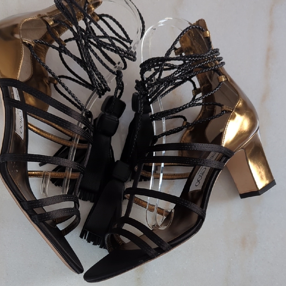Jimmy Choo Gold and Black Lace-Up Heels Diamond 65 Size 7.5 - Picture 3 of 13